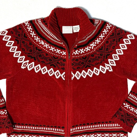 VINTAGE BLAIR FAIR ISLE CHENILLE ZIP MOCK NECK CARDIGAN SWEATER IN RED WINE. 2XL - Picture 4 of 10
